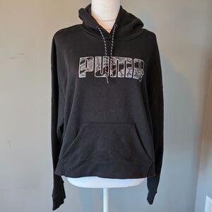 Black PUMA Cropped Pullover Hoodie Sweatshirt Athleisure Streetwear Lounge Large